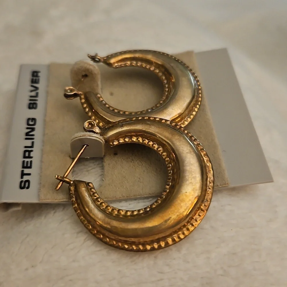 Vintage 1980s Sterling Silver Puff Creole Hoop Huggie Earrings